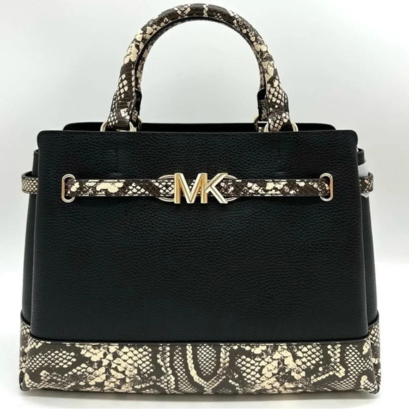 Michael Kors Reed Large Leather Belted Satchel Crossbody Bag Black Snakeskinn - Picture 1 of 13